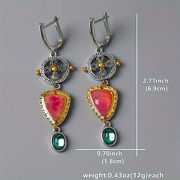 Tribal Pink, Green Stone Dangle Earrings Vintage Bohemian Boho - Picture 6 of 6